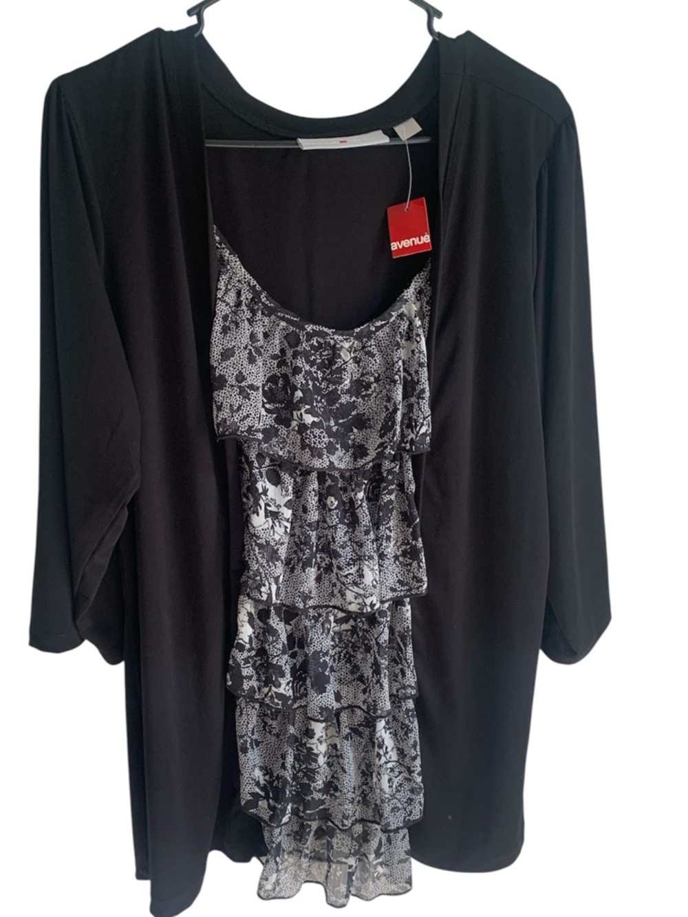 Avenue Black Ruffle Front Layered Cardigan with Monochrome Print Size 18/20